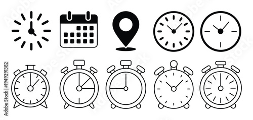 Business schedule icons with calendar, clock, and location pin symbols, professional time management concept, clean vector illustration