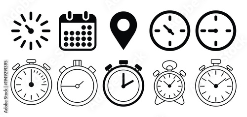 Business schedule icons with calendar, clock, and location pin symbols, professional time management concept, clean vector illustration