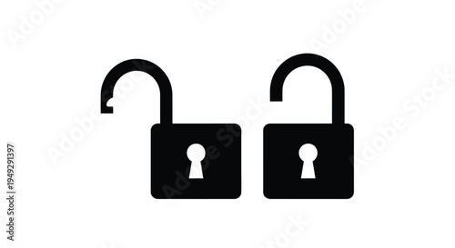 Two black padlocks one open and one closed in silhouette