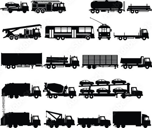 Commercial Truck and Transport Vehicle Silhouette Set with Cargo Delivery Tanker Crane Bus and Car Carrier Icons for Logistics Design Isolated on White Background
