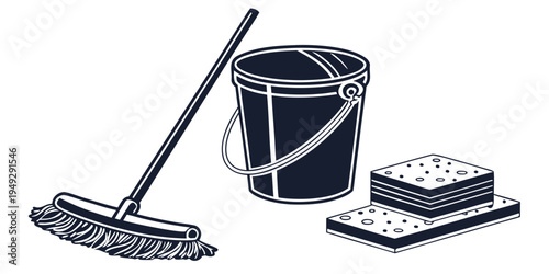 Cleaning supplies including a broom, bucket, mop, and stack of cloths.