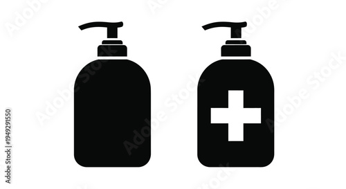 Two black pump bottles one with a medical cross silhouette