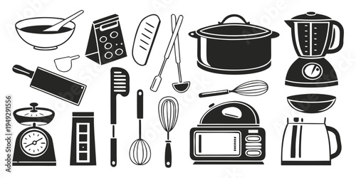 A diverse collection of kitchen utensils and appliances for cooking and baking.