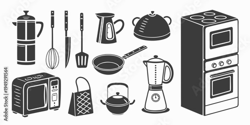 A collection of various kitchen utensils and appliances in a minimalist style.
