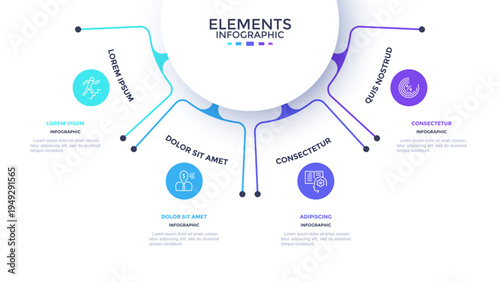Semicircular chart divided into 4 colorful sectors. Concept of four features of startup project to select. Minimal flat infographic vector illustration for business information visualization.