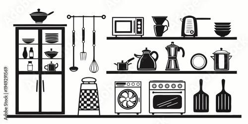A black and white illustration of a kitchen with various utensils and appliances.