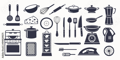 A comprehensive illustration of various kitchen utensils and appliances