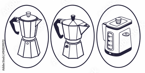 A variety of coffee makers and a kettle showcasing different brewing methods.