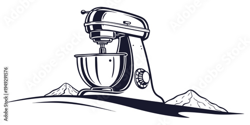 A detailed sketch of a stand mixer on a countertop with a mountain landscape in the background