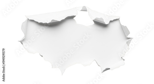 A jagged hole torn through a thin sheet of white paper with curled and frayed edges of the tear