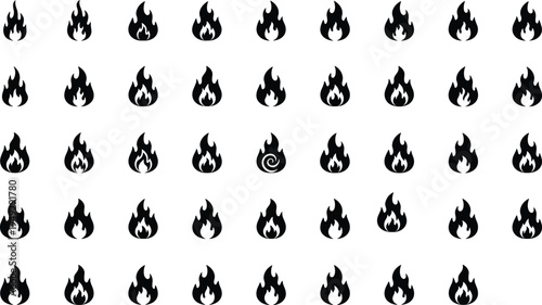 Fire Flame Icon Set, Black Blaze Silhouettes Heat and Burning Symbols for Logo Design Warning Signs and Branding Isolated on White Background