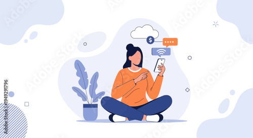 Woman using smartphone for online payments, communication, and cloud services