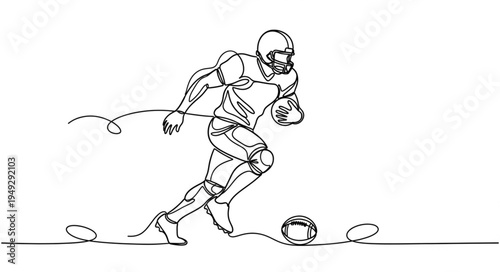 American Football Player Running with Ball Single Line Drawing.