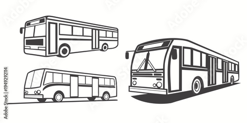 Three different types of buses illustrated in black and white