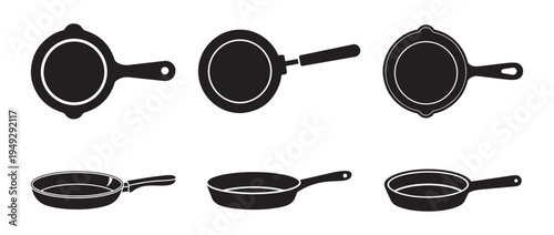 A minimalist black and white silhouette depicts a frying pan showcasing its handle and circular cooking surface.
