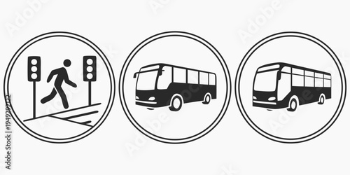 Pedestrian crossing and bus icons representing public transportation and safety.