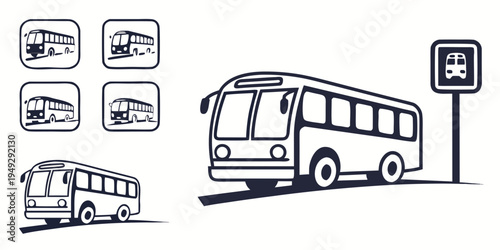 Illustration of a bus stop with various buses and a bus stop sign.