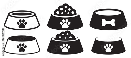 Dog food bowl with paw print and kibble icons, animal feeding. vector illustration eps 10