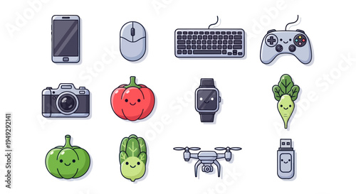 Cartoon devices and food icons on white
