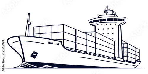 A large container ship sailing on calm waters with stacked cargo containers.