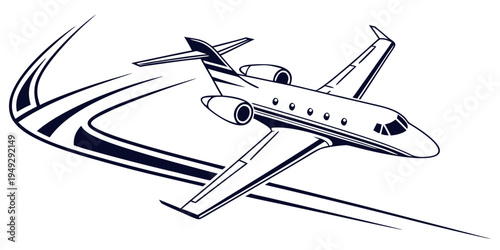 A sleek jet airplane soaring through the sky with dynamic motion lines.