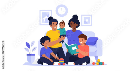 Happy Diverse Family Reading Storybook Together at Home. Parents and Children Bonding in a Modern Flat Vector Illustration.