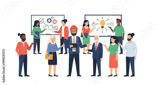 Diverse Business Team Collaborating on Ideas and Strategy at a Meeting - Vector Illustration