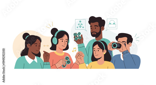 Diverse Group Engaged in Hobbies, Listening, Photography & Fidget Spinners: Modern Individuality