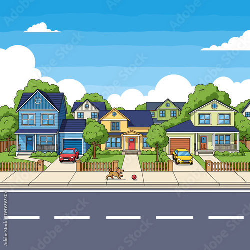 A picturesque suburban street scene featuring a row of colorful houses, green trees, a sidewalk, a street, and a playful dog with a ball.
