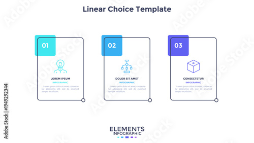 Three rectangular frames placed in horizontal row. Visualization of 3-stepped business process. Simple infographic design template. Flat vector illustration for presentation, report.