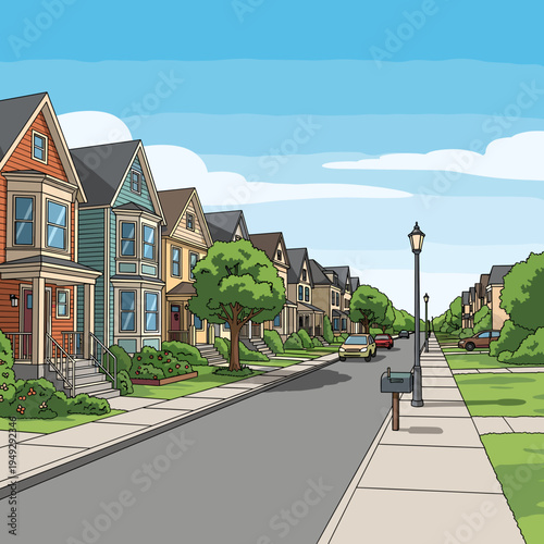 A picturesque suburban street lined with colorful, diverse houses and lush green trees under a bright blue sky with fluffy clouds.