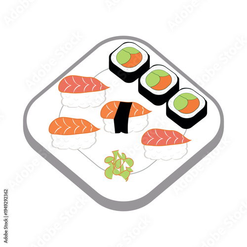 Sushi and maki set on a plate, salmon nigiri and rolls vector illustration
