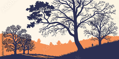 Silhouettes of trees against a vibrant sunset sky with rolling hills in the background