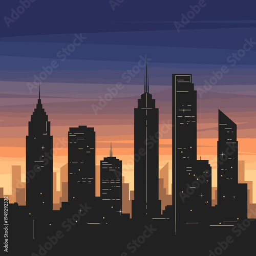 Pixel art cityscape at dusk with silhouetted skyscrapers against a gradient sky.