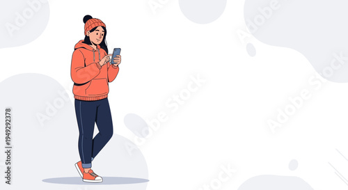 Young woman in orange hoodie and beanie using smartphone, casual winter outfit, isolated on white background