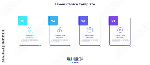 Four rectangular frames placed in horizontal row. Visualization of 4-stepped business process. Simple infographic design template. Flat vector illustration for presentation, report.