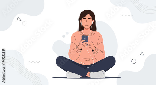 Young Woman Meditating with Phone and Earphones, Relaxing at Home