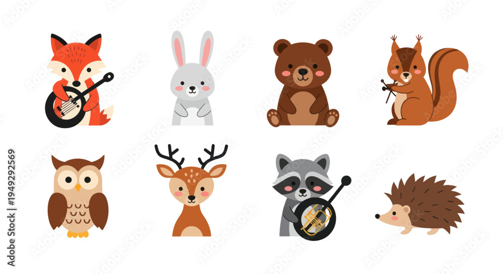Fototapeta premium Cartoon forest animals playing instruments
