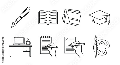 Line art icons representing education writing and creative pursuits