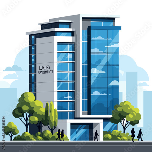 Modern luxury apartments building with glass facade and green trees in front, urban setting.