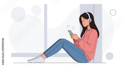 Young Woman Listening Music on Phone with Headphones, Relaxing at Home