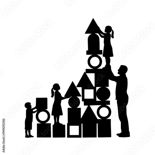 Silhouette of a family building with blocks, a concept for teamwork and child development
