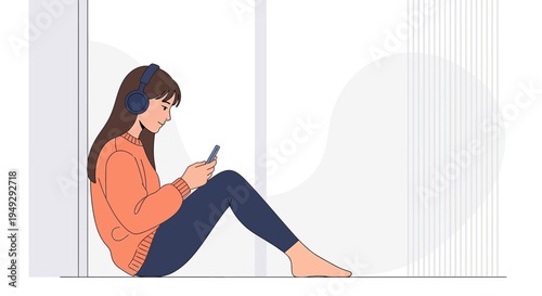 Young Woman Listening to Music on Headphones and Using Smartphone While Sitting by Window