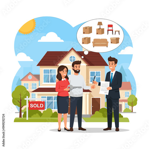 Couple shaking hands with a real estate agent in front of their new house with a 'SOLD' sign, envisioning moving and furniture.