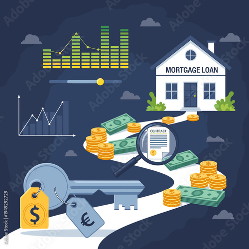 Illustration depicting the journey and financial aspects of securing a mortgage loan for a house, with money, contracts, and keys.