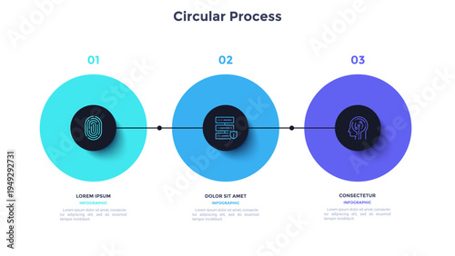 Process chart with three connected colorful circles placed in horizontal row. Concept of 3 stages of startup development. Modern infographic design template. Flat vector illustration for report.