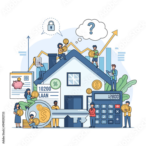 Illustration of people managing finances around a house, symbolizing real estate investment, mortgage planning, and property growth.