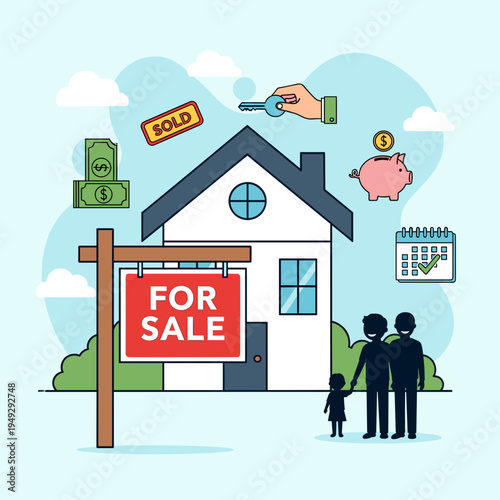 Flat vector illustration depicting the process of buying or selling a home, featuring a house, 'for sale' sign, money, keys, a piggy bank, and a family.