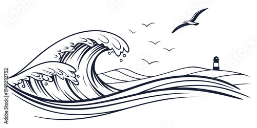 A dramatic seascape with a lighthouse and birds flying over turbulent waves