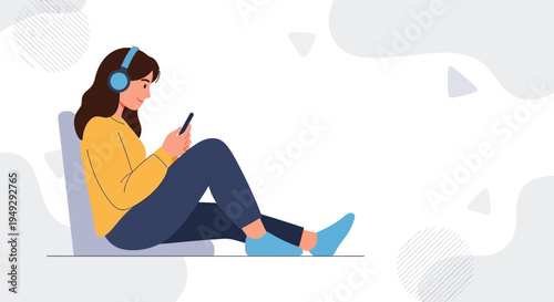 Young Woman Listening to Music on Headphones and Using Smartphone, Relaxing